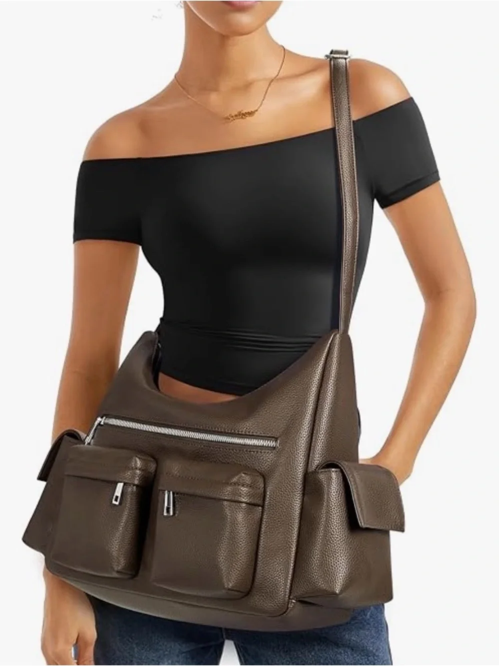 KALIDI Y2K Shoulder Bag Casual Hobo Vintage Punk Vegan Leather Purse, Brown